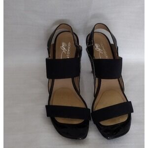 Donald J. Pliner Women Patent Leather & Elastic Strappy Heeled Sandals–9.5